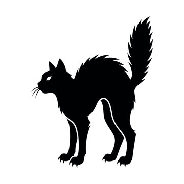 black and white silhouette of a spooky Halloween cat with an arched back