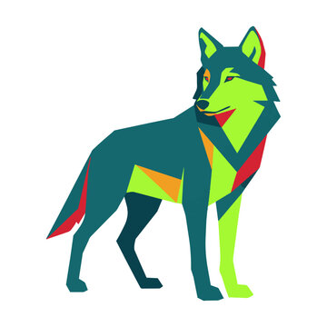 Majestic geometric wolf in a poised alert stance, composed of polygons in teal, lime green, marigold, and crimson. Wild animal symbol