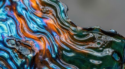 Obraz premium Close up abstract view of iridescent fluid swirling with vibrant colors and textures