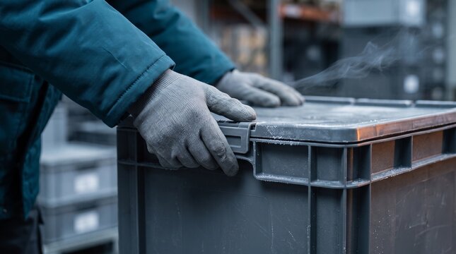 Gloved hands seal a reusable crate in cold chain handling