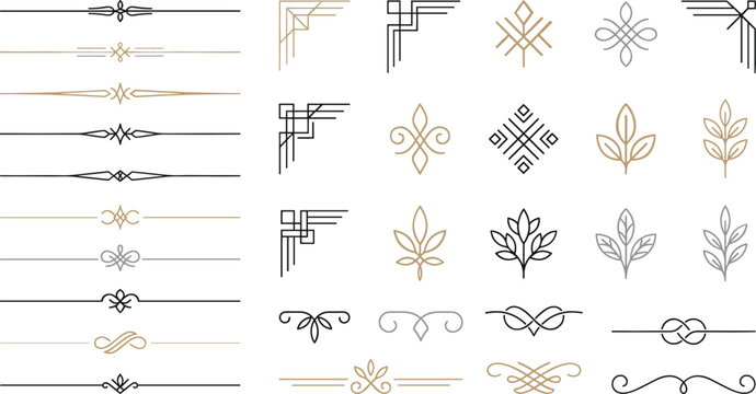 Art deco geometric line design elements collection featuring elegant borders dividers and botanical icons for premium wedding invitation and luxury branding layouts
