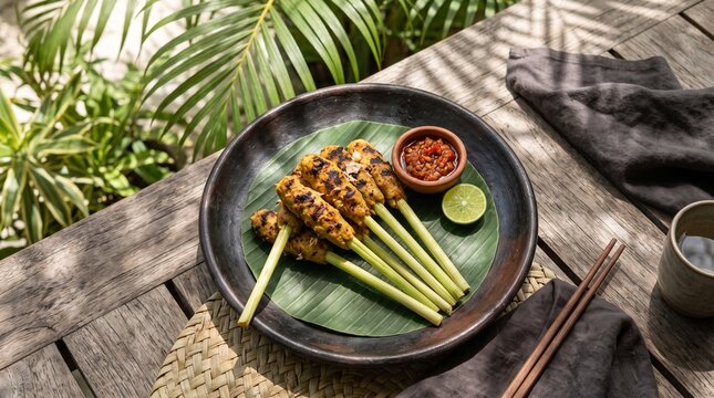 Satay lilit on lemongrass stems at a tropical resort lunch