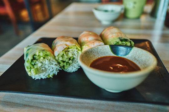 Fresh spring rolls ready to dip in hoisin sauce
