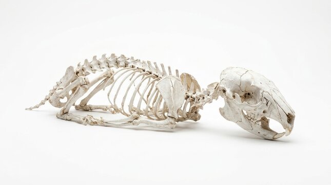 Detailed view of a complete small animal skeleton showing skull rib cage and spine