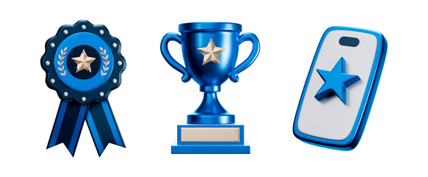 3D icon set of blue award ribbon, trophy cup and star phone, transparent background