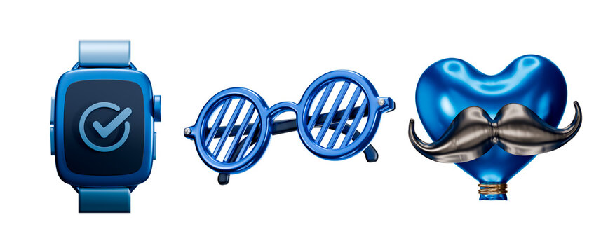 3D icon set of blue smartwatch, round eyeglasses and heart balloon mustache