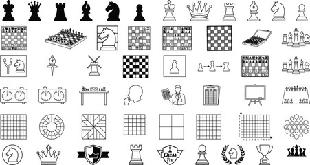 Chess Tournament Elements Collection with Chess Pieces Boards Clocks and Championship Badge Icons © Athier