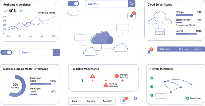 Cloud computing and AI analytics dashboard UI vector layout template featuring server monitoring data graphs and machine learning performance metrics