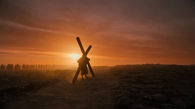 A man representing jesus christ carries the heavy wooden cross to his crucifixion. Biblical scene of the passion with a crowd following at sunset