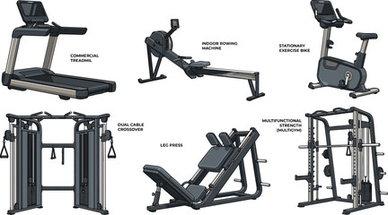 Commercial gym cardio and heavy strength machine vector illustration set with treadmill rowing machine stationary bike leg press and power rack for fitness facility marketing © AdhinChandra