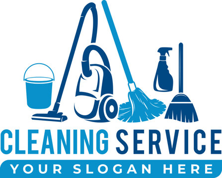 House cleaning service logo design. House with vacuum cleaner, bucket and cleaning products vector