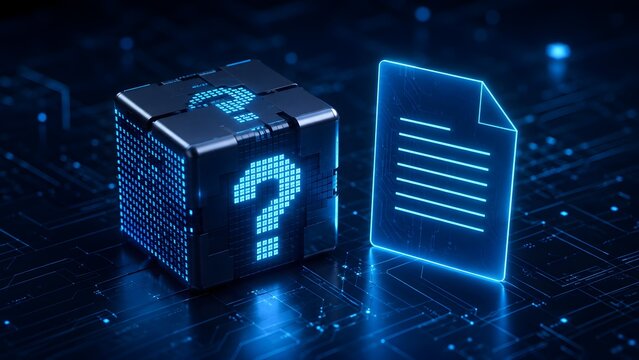Digital cyber cube with glowing blue matrix question mark and virtual tech document interface