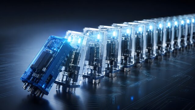 Falling glass tech components creating a digital domino effect for technological chain reaction concept