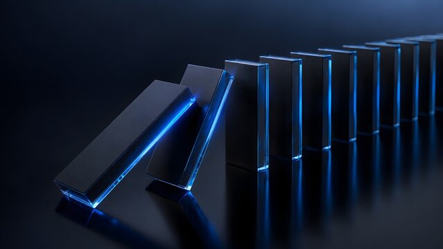 Black solid dominoes falling with glowing blue edges for sleek business risk and disruption concept