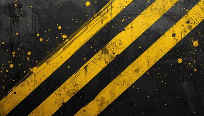 Fototapeta premium A close-up view of a black surface with yellow diagonal stripes and paint splatters