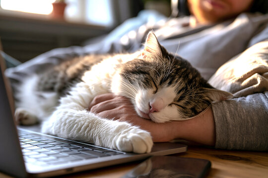 ノートパソコンのキーボードの上で眠る猫と撫でる手