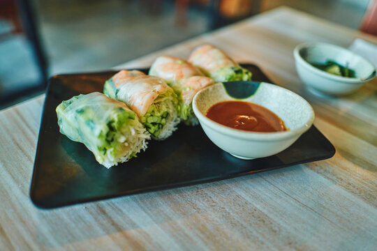 Rice paper spring rolls served with hoisin dipping sauce
