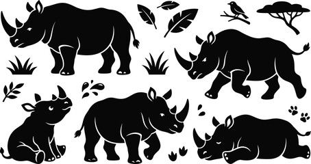 African Rhinoceros Silhouette Vector Element Set featuring Wild Animals with Acacia Tree, Leaves, Bird, Paw Prints, and Grass for Safari Theme Graphic Designs © Yousuf