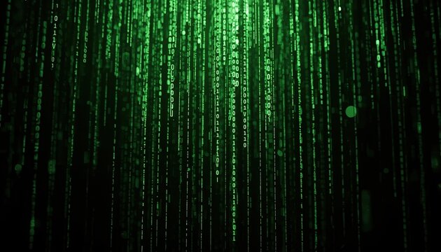 A digital representation of green code streaming down a dark background, resembling a matrix of binary data.