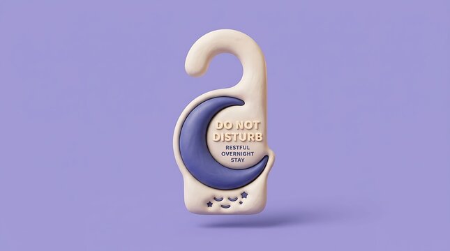 Do not disturb door hanger isolated on purple background featuring a crescent moon icon. Represents sleep, privacy, and hotel hospitality. Ideal for travel, lodging, and relaxation communications.