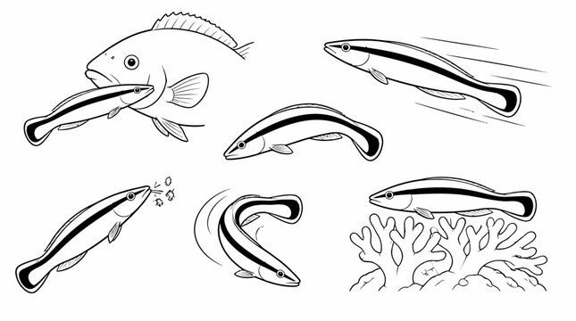 Cleaner Wrasse Fish Set, Marine Life Illustrations on White Background