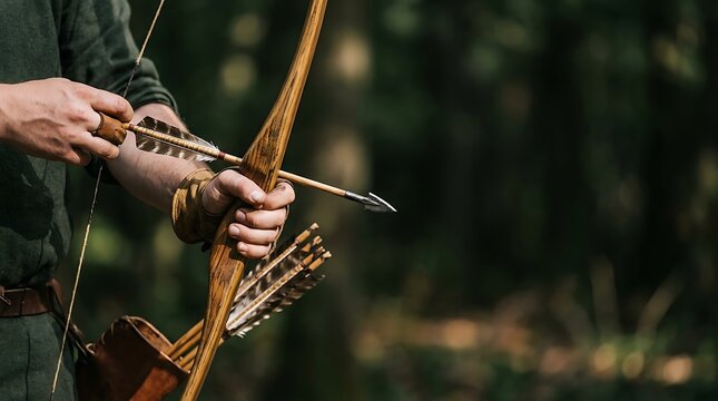 Archer nocking a traditional wooden arrow in a lush forest