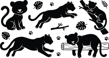 Cute Black Panther Silhouette Vector Element Set featuring Jaguar and Leopard Cubs with Tropical Monstera Leaves, Tree Branches, and Paw Prints for Jungle Graphic Designs © Yousuf