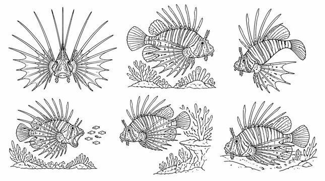 Lionfish ink illustration set of venomous marine creatures
