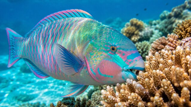 Vibrant colorful parrotfish swimming near a coral reef in clear blue water