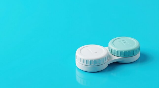 A white and light blue contact lens case with L and R symbols against a bright turquoise backdrop