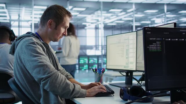 Smiling engineer inspecting server rows in data center from a secondary camera angle while connecting firewall checks, bottleneck diagnosis and data transfer performance.