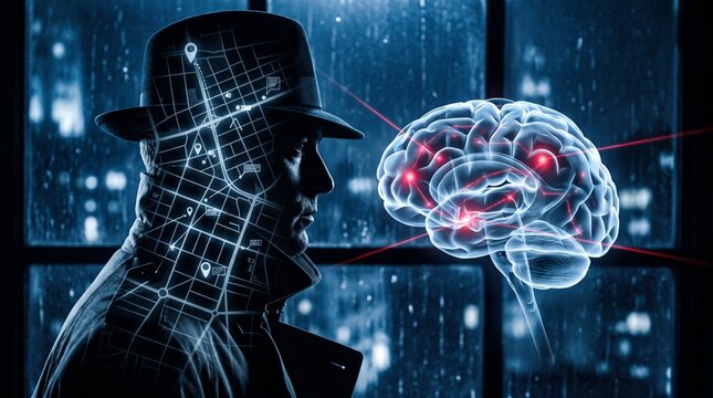 Detective Silhouette with Digital Brain and City Map Overlay in Rainy Night Cityscape, Concept of Psychological Investigation and Data Surveillance