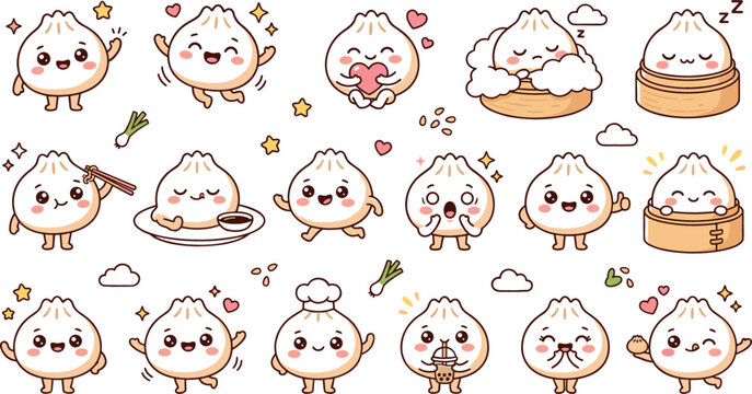 Cute bao dim sum dumpling cartoon character sticker sheet with different funny emoji poses for asian food marketing and kid scrapbooking craft elements