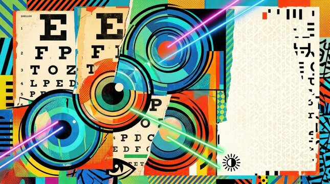 Collage of abstract eyes eye charts and neon laser beams in vibrant geometric style