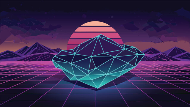 Retrowave style low poly gemstone over digital horizon with retrowave synthwave gemstone landscape futuristic abstract mountain geometry aesthetic structure rendering visualization