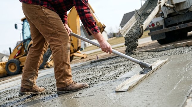 Close-up of anonymous builder leveling fresh cement driveway on residential outdoor site