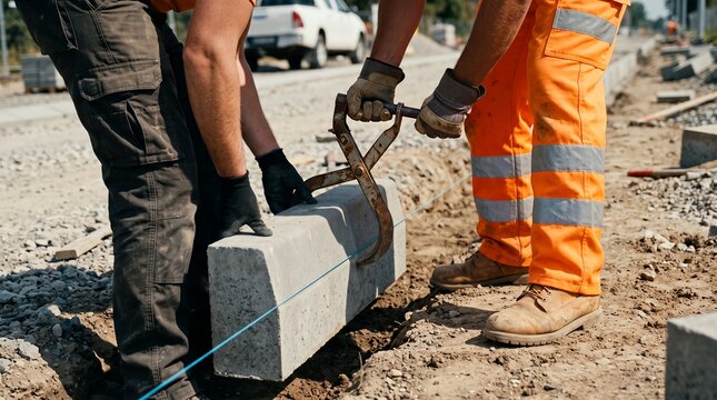 Dutch angle close-up of faceless construction workers using metal tongs to install concrete curb stones