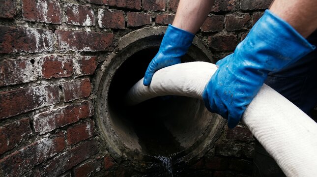 Dutch angle close-up of faceless worker in blue gloves inserting white liner into brick sewer pipe