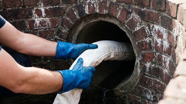 Dutch angle close-up of faceless worker in blue gloves inserting white liner into brick sewer pipe