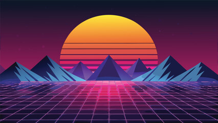 Retro synthwave landscape with glowing sun over neon mountain range and digital grid floor synthwave retrowave mountain landscape cyberpunk eighties background perspective futuristic © puza