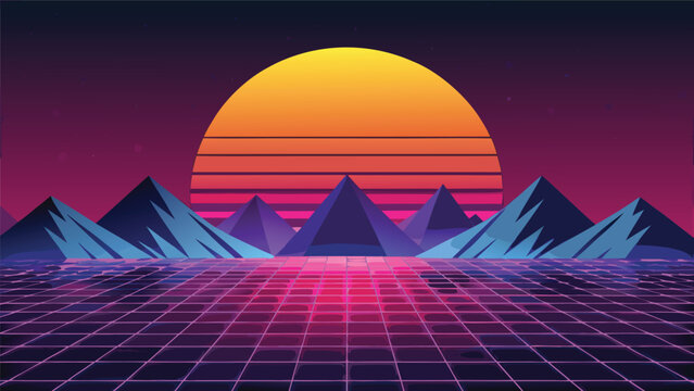 Retro synthwave landscape with glowing sun over neon mountain range and digital grid floor synthwave retrowave mountain landscape cyberpunk eighties background perspective futuristic