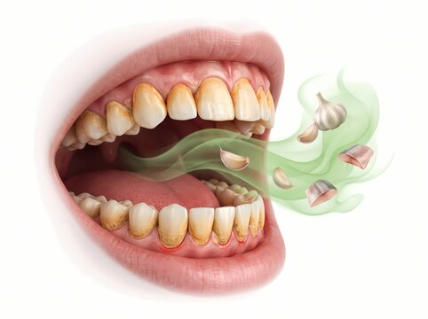 Illustration of halitosis originating from open mouth with yellowed teeth, showing bad breath, garlic, and meat, representing poor oral hygiene and dietary impact