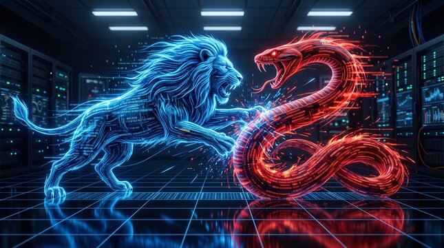 Cybersecurity Concept Featuring Digital Neon Lion and Snake Battle in Futuristic Server Room Data Center