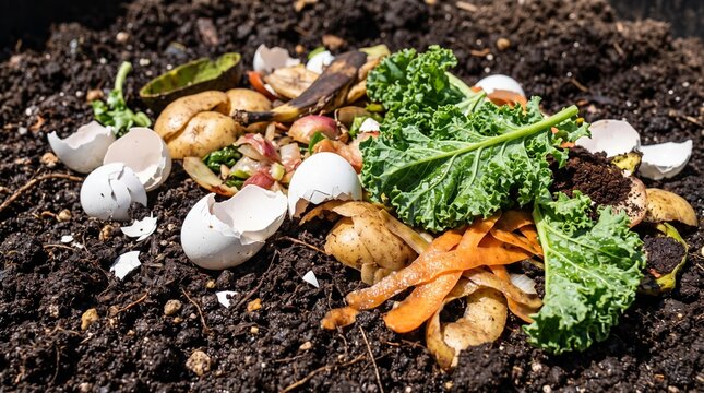 Organic Kitchen Waste and Vegetable Scraps on Compost Heap for Sustainable Gardening