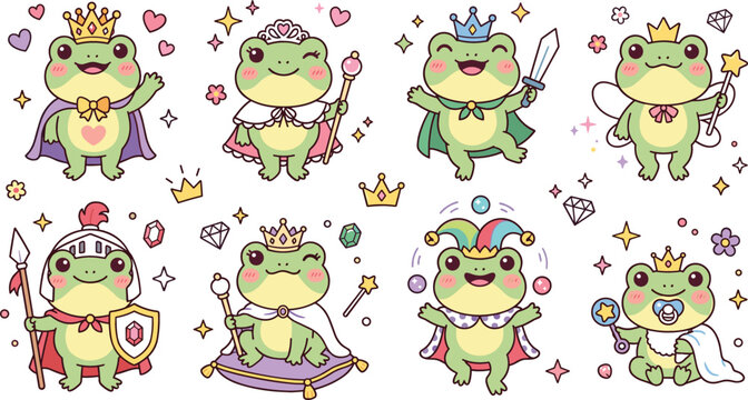 Cute cartoon frog royalty character collection featuring king queen knight and fairy princess elements for children fairytale sticker design assets