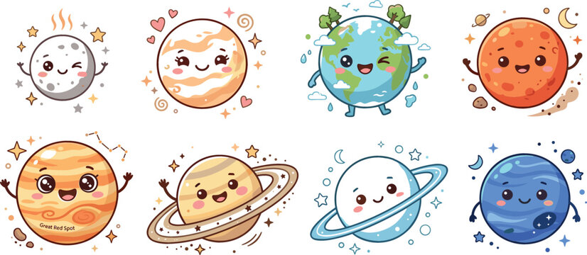Cute cartoon solar system planets vector illustration set featuring mercury venus earth mars jupiter saturn uranus and neptune for kids educational marketing