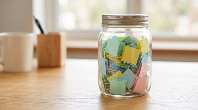 Glass Jar Filled with Colorful Sticky Notes and Memo Slips on Wooden Desk for Brainstorming and Ideas