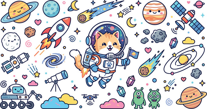Cute Cute Kawaii Astronaut Cat in Space Sticker Set with Planets Rocket Satellite and Aliens for Children Graphic Design Element