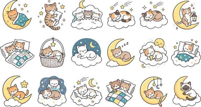 Cute celestial cat sleeping on moon and clouds cartoon characters sticker sheet for children nursery bedtime sublimation and baby scrapbook graphic elements