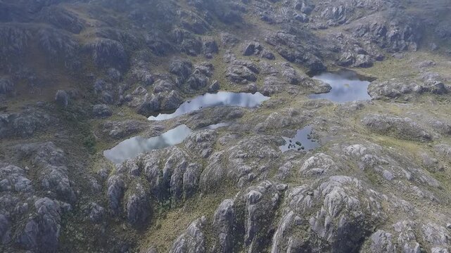 Aerial drone flight over high-altitude p&aacute;ramo lagoon, Colombian Andes